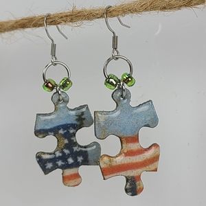 Adorable earrings,  made from Vintage puzzle pieces,  Flag 2